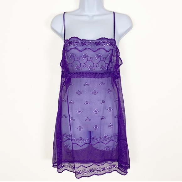 Victoria's Secret Other - VS VICTORIA’S SECRET Purple Sheer Nylon Mesh Lingerie Chemise Embroidered Sexy L